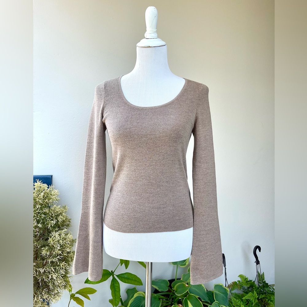 🌿 & Other Stories Bell Sleeve Scoop Neck Fitted Sweater in Tan/ Caramel Brown, S